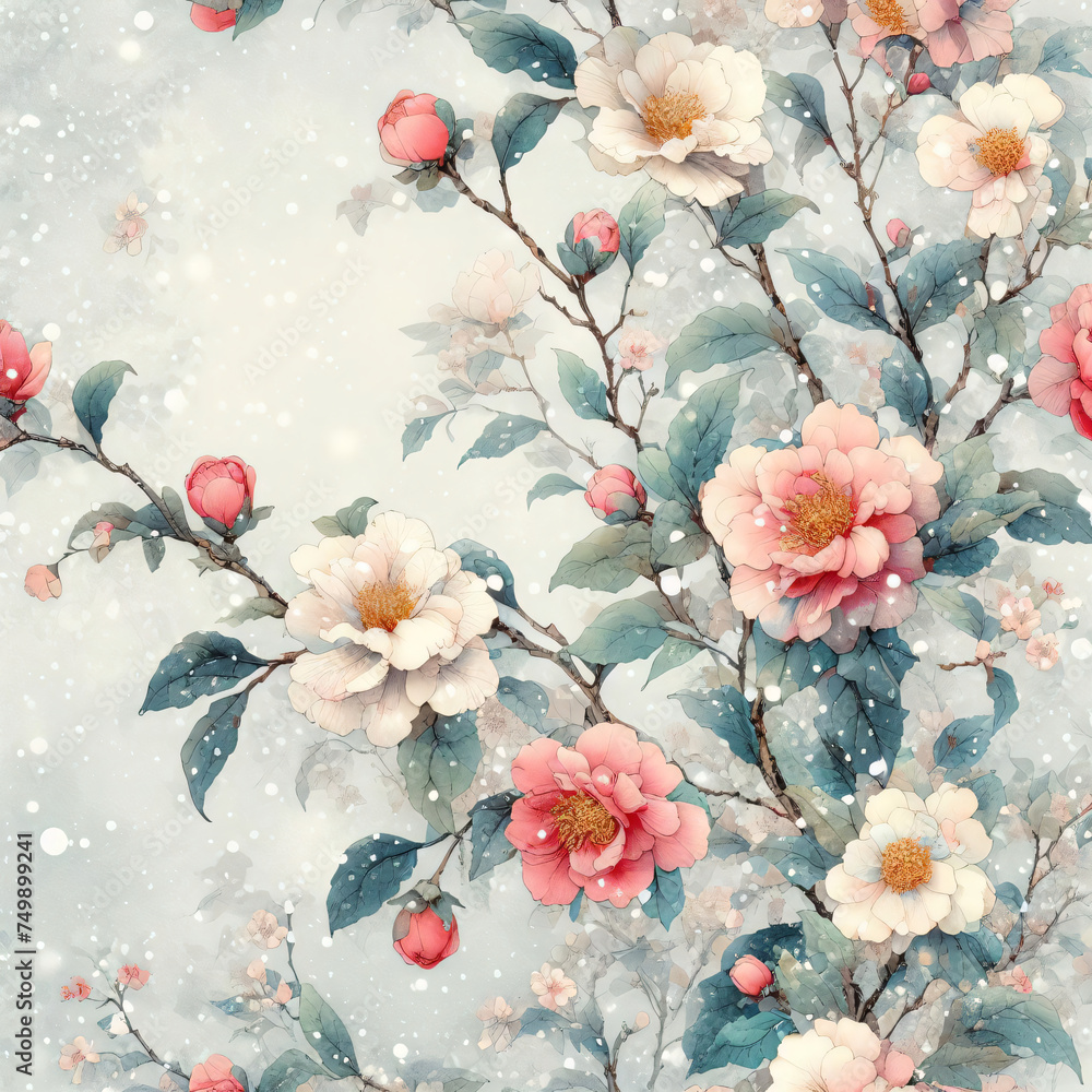 椿の花と雪の水彩画風イラスト