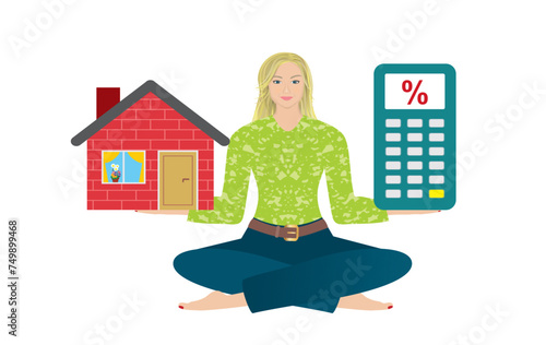 Woman with house and calculator. Economy and cost of living. Isolated. Vector illustration.