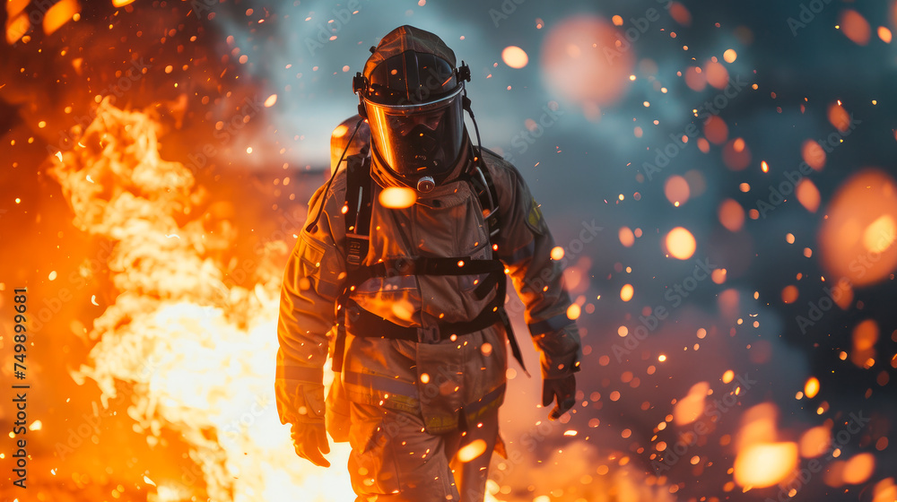 Firefighter on the fire flame background in an emergency situation. Firefighter on the fire flame background in an emergency situation.