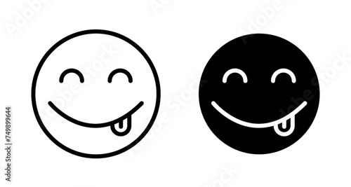 Yummy Smile Emoji Line Icon Set. Flavor of Joy symbol in black and blue color.