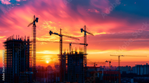 City building construction sites development and tower cranes on the beautiful sunset sky background.