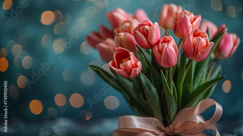 Bouquet of pink tulips on a green background. Spring flowers.AI. © Alex Alex