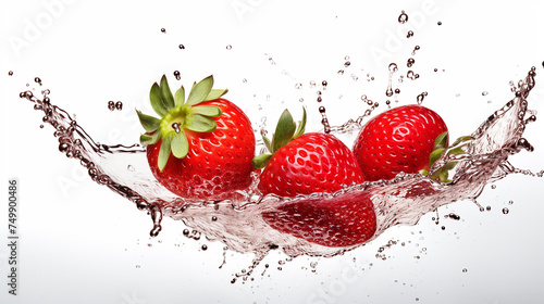 Fresh Strawberries in water splash on white background.