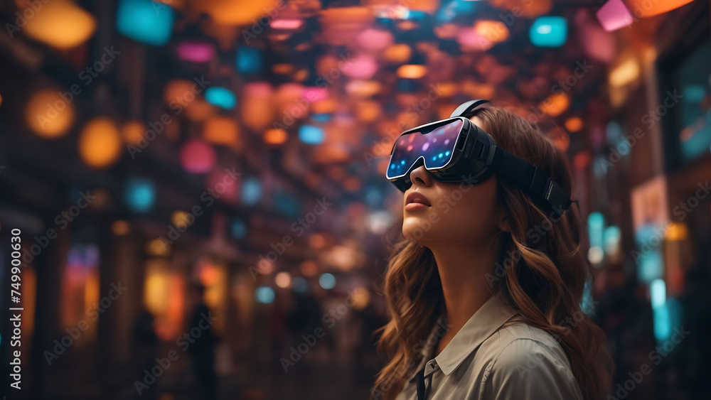 Virtual reality female girl gamer in futuristic meta world. amazed young woman in a VR headset explores the metaverse virtual space. Gaming and futuristic entertainment concept Virtual reality female girl gamer in futuristic meta world. amazed young woman in a VR headset explores the metaverse virtual space. Gaming and futuristic entertainment concept