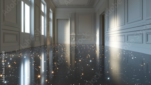 Glowing stars on floor of an empty room. Generative Ai