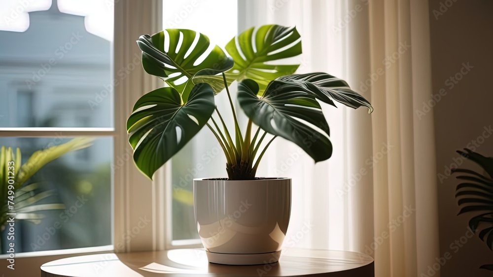 potted Monstera deliciosa plant in light modern apartment