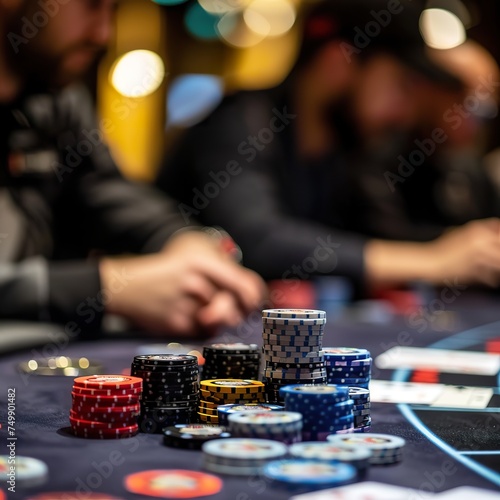 High stakes poker tournament in progress focused players chips stacked high tension in the air
