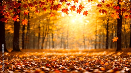 Bright autumn foliage descends in a sun-kissed woodland setting