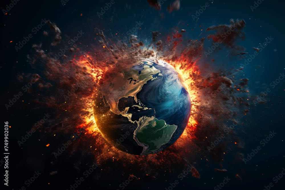 Obraz premium Earth in burns as Global catastrophe, Hell. War on Earth as Climate Change. Planet Earth in space with explosions. Warming and fire on Earth, Death. Earth in burns as Global catastrophe, Hell.