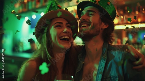 Affectionate couple in festive green attire sharing a moment on St. Patrick's Day amid vibrant lights