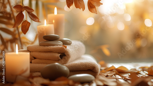 Autumn Spa Ambience with Candles and Towels . A serene autumnal spa setting with fluffy towels  warm candles  and scattered leaves  offers a tranquil retreat atmosphere. 