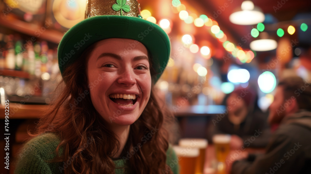 A young woman in festive attire, grinning widely, exuding joy. She's wearing a green St. Patrick's Day hat adorned with a green sweater, friends in an Irish pub on a blurred background A young woman in festive attire, grinning widely, exuding joy. She's wearing a green St. Patrick's Day hat adorned with a green sweater, friends in an Irish pub on a blurred background