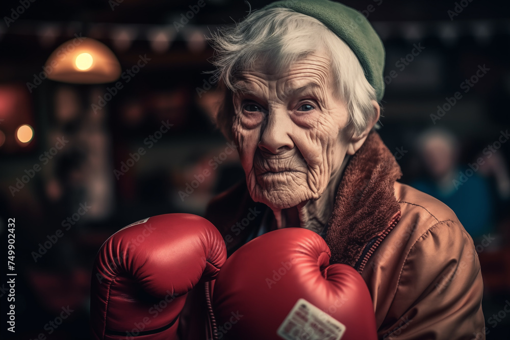 Grandmother boxer in boxing gloves on boxing ring. Old beautiful Grandma in clothes in boxing gloves in fight. Tough old granny wearing boxing gloves. Angry granny boxer in boxing. Grandmother fighter