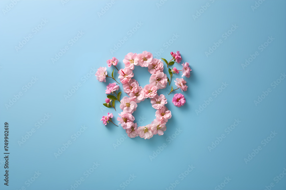 Number eight made from spring pink flowers on a blue background. Concept template for holiday card, women's day, spring holidays with place for text