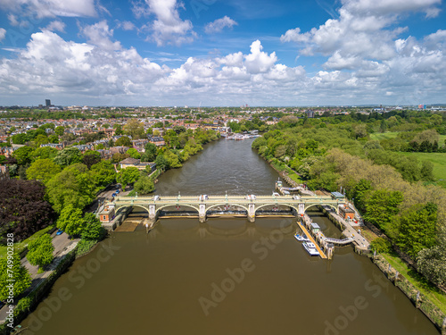 The drone aerial view of Richmond Lock and weir on the River Thames. Richmond Lock and Footbridge. 