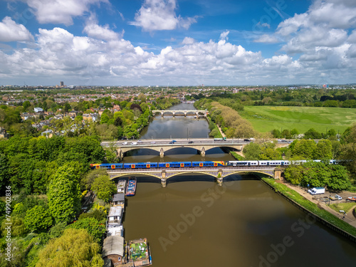 Konstfotografi The drone aerial view of  Richmond railway bridge over River Thames, with Twickenham bridge and Richmond Lock in the background