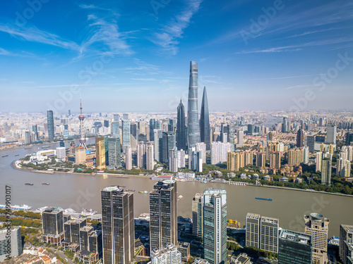 The drone aerial view of  Huangpu River and Lujizui finance and trade zone, Shanghai, China.  photo