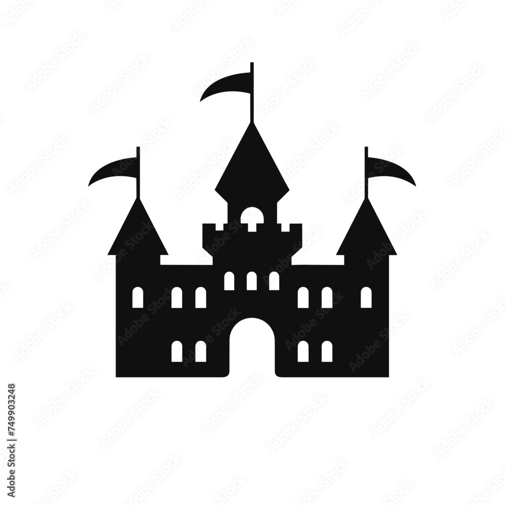 Vector castle Icon. Silhouette icon castle. Castle, halloween icon. Vector illustration, flat design. Castle tower logo stronghold medieval silhouette icon. Ancient illustration symbol. Castle Logo.