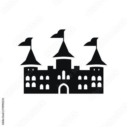 Vector illustration. Best castle icon logo vector. Fairy tale castle silhouette with flag, windows and towers. Vector castle. Castle logo vector template illustration.