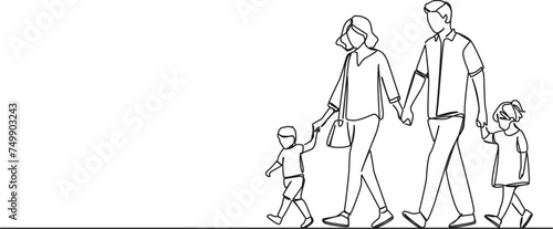 continuous single line drawing of parents with their two kids walking hand in hand, line art vector illustration
