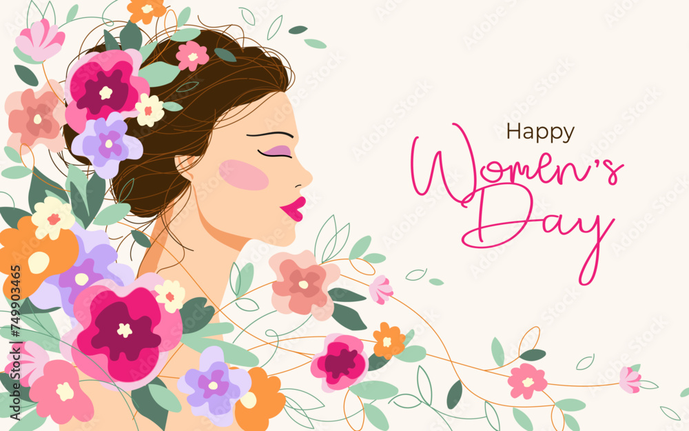 8 march Women's day poster, woman with flowers, spring celebration, card, vector illustration 8 march Women's day poster, woman with flowers, spring celebration, card, vector illustration