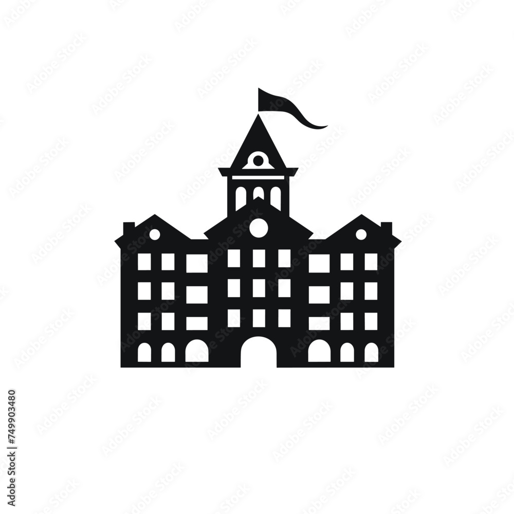 Office bulding icon vector illustration. School building vector icon with flag education. Vector illustration. University icon vector design template. Pictogram for web page, mobile app, promo.
