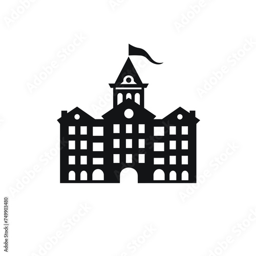 Office bulding icon vector illustration. School building vector icon with flag education. Vector illustration. University icon vector design template. Pictogram for web page, mobile app, promo.