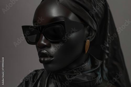 Close-up of a portrait of a glamorous African female model in black glasses