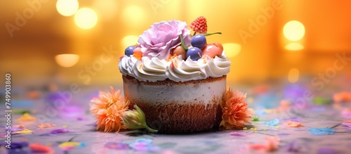 illustration of a cake with soft cream and beautiful fresh fruit decoration on a garden background photo
