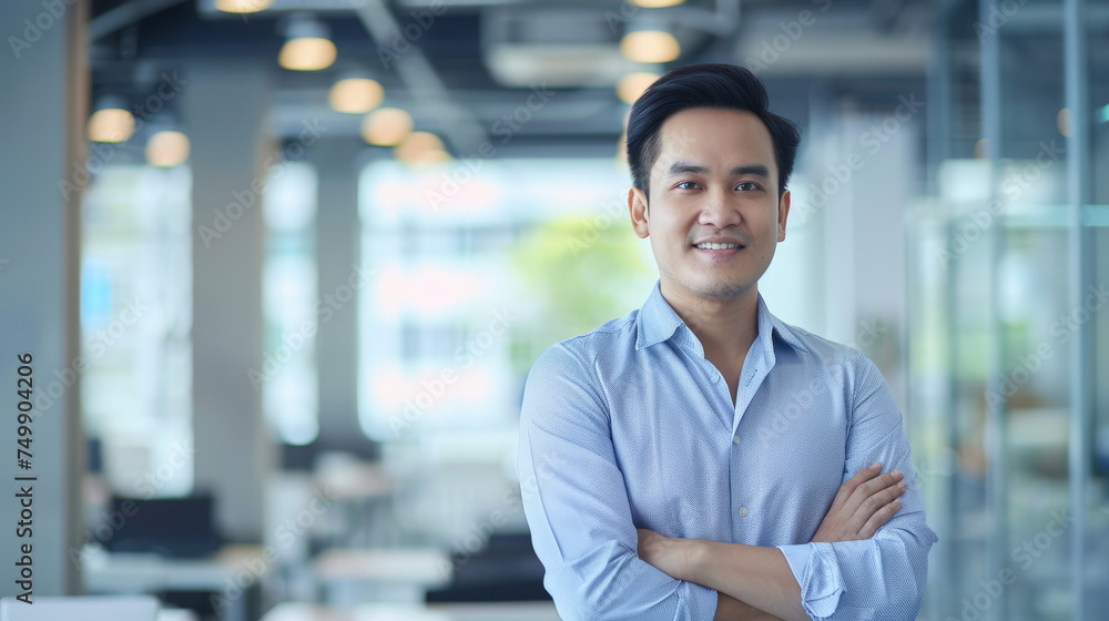 Portrait of a successful businessman with confident and friendly facial expression and his arms crossed in front of blurred office background. Generative AI Portrait of a successful businessman with confident and friendly facial expression and his arms crossed in front of blurred office background. Generative AI