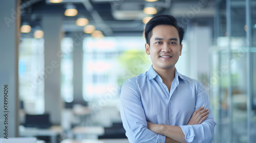 Portrait of a successful businessman with confident and friendly facial expression and his arms crossed in front of blurred office background. Generative AI