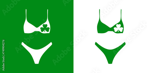 Día de San Patricio. Logo con silueta de traje de baño o ropa interior de mujer con trébol para felicitaciones y tarjetas