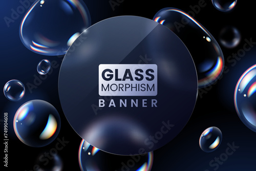 Abstract background in glassmorphism style. Round shape with glass overlay effect isolated on a background of transparent soap bubbles. Ideal for banner, web, poster, ad. Vector illustration.