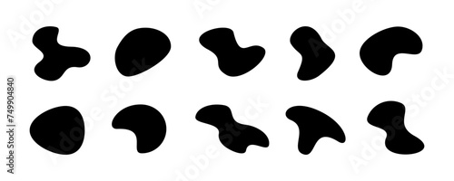 Set of black random shapes. Random blotchy, stain or fleck. Vector set with splotch. Vector 10 Eps.