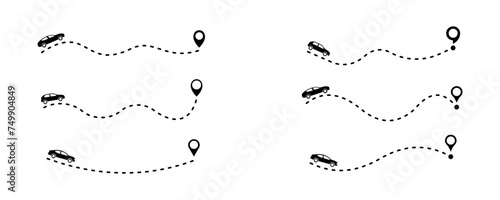 Set of cars with dashed routes. Distance from start to finish. Location auto. Transport way. Pin point on map with vehicle.