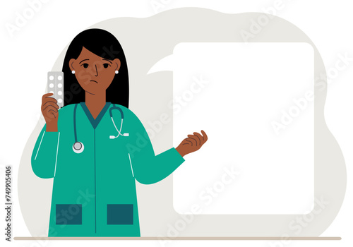 A female doctor holds pills in his hand. There is space for text next to it.