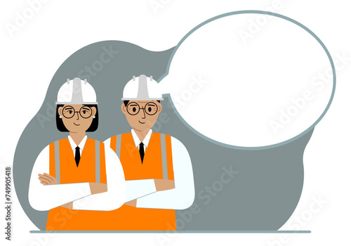 Male and female engineers in white helmets and vests, next to a white bubble of thoughts. Plans, thoughts, places, strategies.