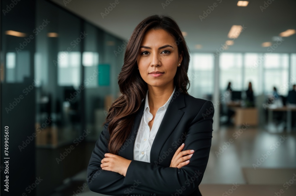 Confident Corporate Lady Standing Bold Modern Office Background 