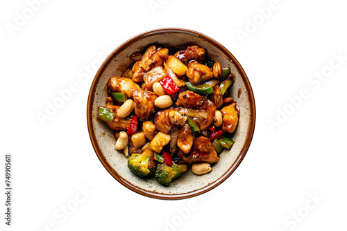 top view of kung pao chicken, a popular Chinese dish featuring stir-fried chicken with peanuts, vegetables, and a spicy sauce.