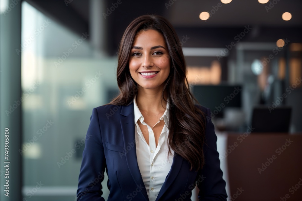 Confident female in blue blazer standing and smiling in modern office Confident female in blue blazer standing and smiling in modern office