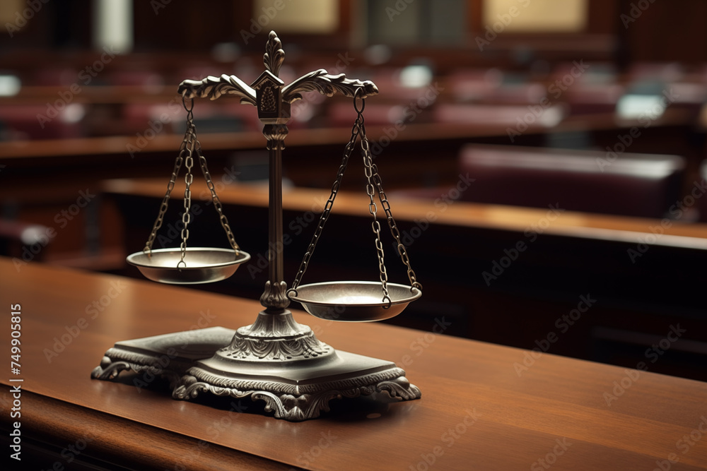 Judicial scales in court. Justice in courthouse on law theme and human right. Punishment verdict of judges in court. Scales of Justice of judge in courthouse during sentencing and trial process - obrazy, fototapety, plakaty 