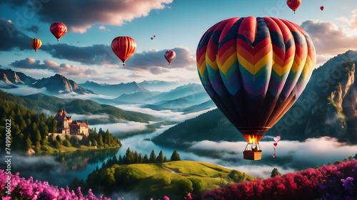 A colorful hot air balloon drifting through the clouds, decorated with heart-shaped patterns. The couple inside enjoys breathtaking views of landscapes and romantic skies