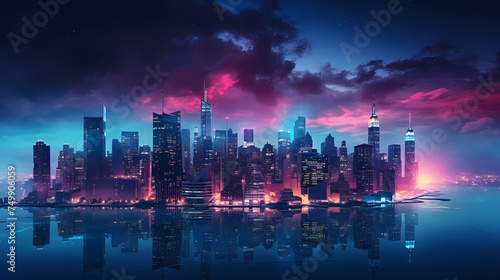 Vibrant cityscape with towering skyscrapers glowing with neon lights under the sunset sky © xuan