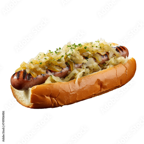 A bratwurst with sauerkraut isolated on transparent background, png photo