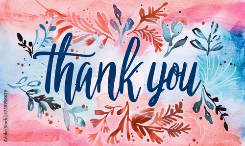 Thank you - beautiful calligraphy lettering on watercolor background with florals