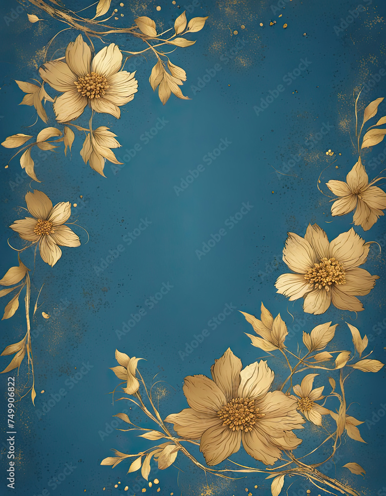 Beautiful golden flowers on a blue background, with an empty middle.