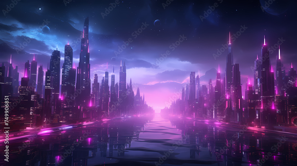 Vibrant cityscape with towering skyscrapers glowing with neon lights under the sunset sky Vibrant cityscape with towering skyscrapers glowing with neon lights under the sunset sky