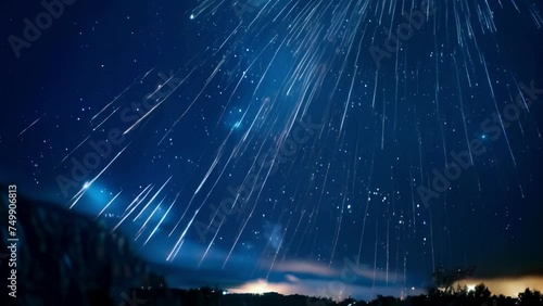 Meteor shower against the backdrop of a star-filled sky, capturing bright trails of shooting stars. Concept of astronomy, cosmos, space exploration, stargazing. Motion photo