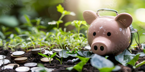 "Financial Foresight: Unleashing the Power of the Piggy Bank Idea" | Ceramic Piggy Bank Amongst Coins and Plants in a Sunny Garden Setting