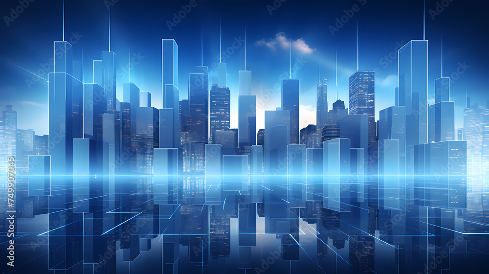 Obraz premium Vibrant cityscape with towering skyscrapers glowing with neon lights under the sunset sky
